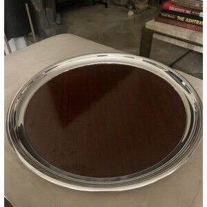 Crescent Silverplated Faux Mahogony Formica MCM Round Serving Tray 16+” Polished